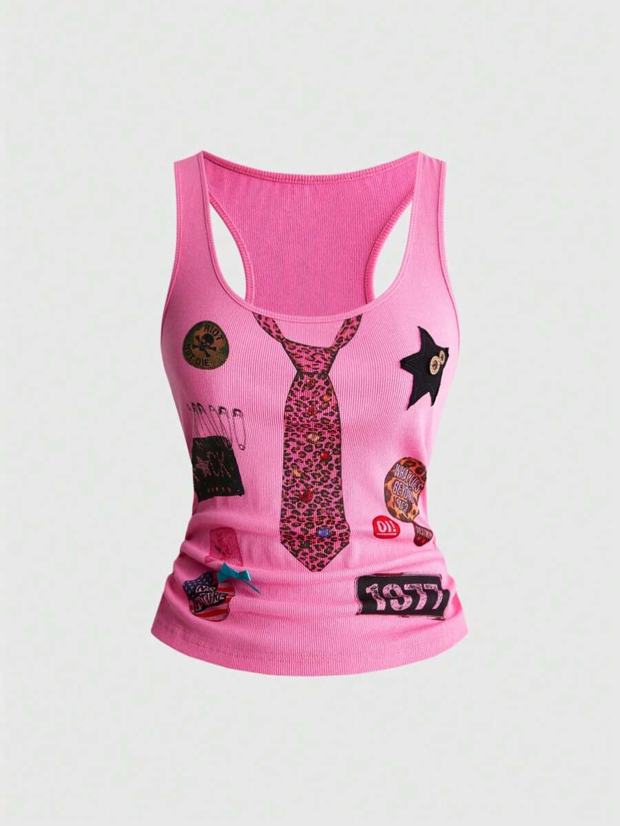 Women's white scoop neck camisole tank top featuring a badge patchwork print, front bow tie detail, cut-out accents, and slim-fit cotton stretch fabric.