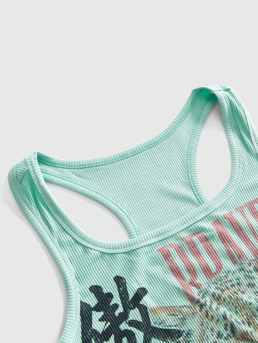 Black rib-knit scoop neck tank top featuring leopard print and graphic lettering for women.