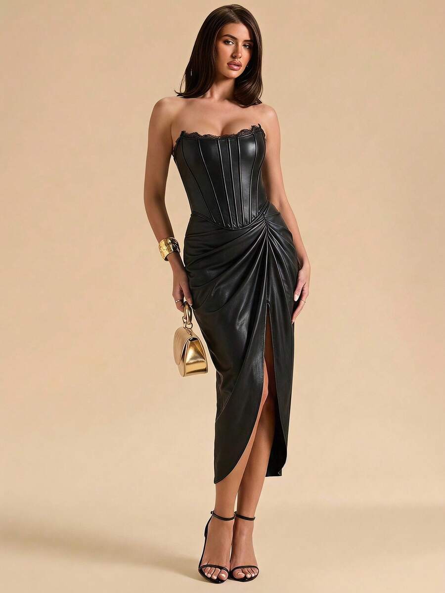 Women's strapless bustier crop top with contrast lace, lace-up detail, and an asymmetric hem in a slim-fit satin finish.