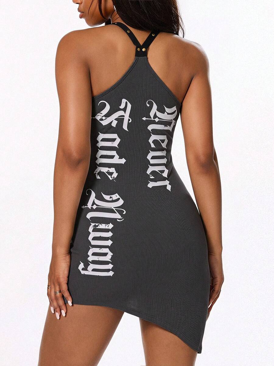 Grey Y2K grunge mini dress for women featuring sleeveless cami straps, scoop neck, criss cross front detail, and slim fit design.