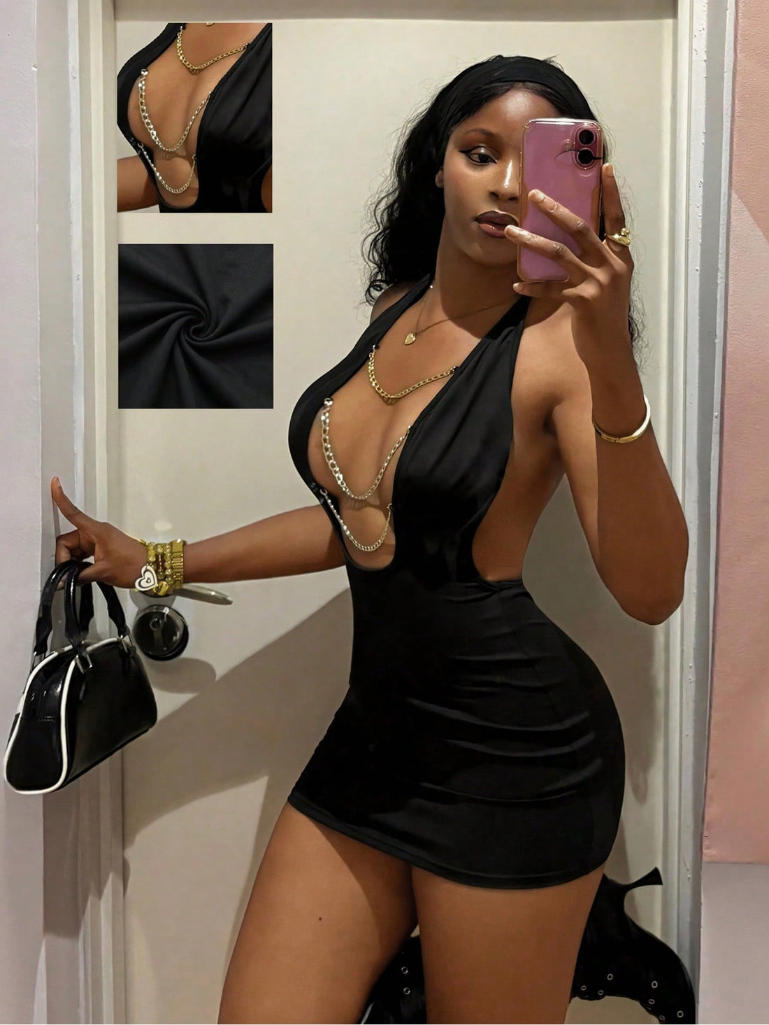 Women's black deep V-neck halter bodycon mini dress featuring a backless design with chain decor detail.