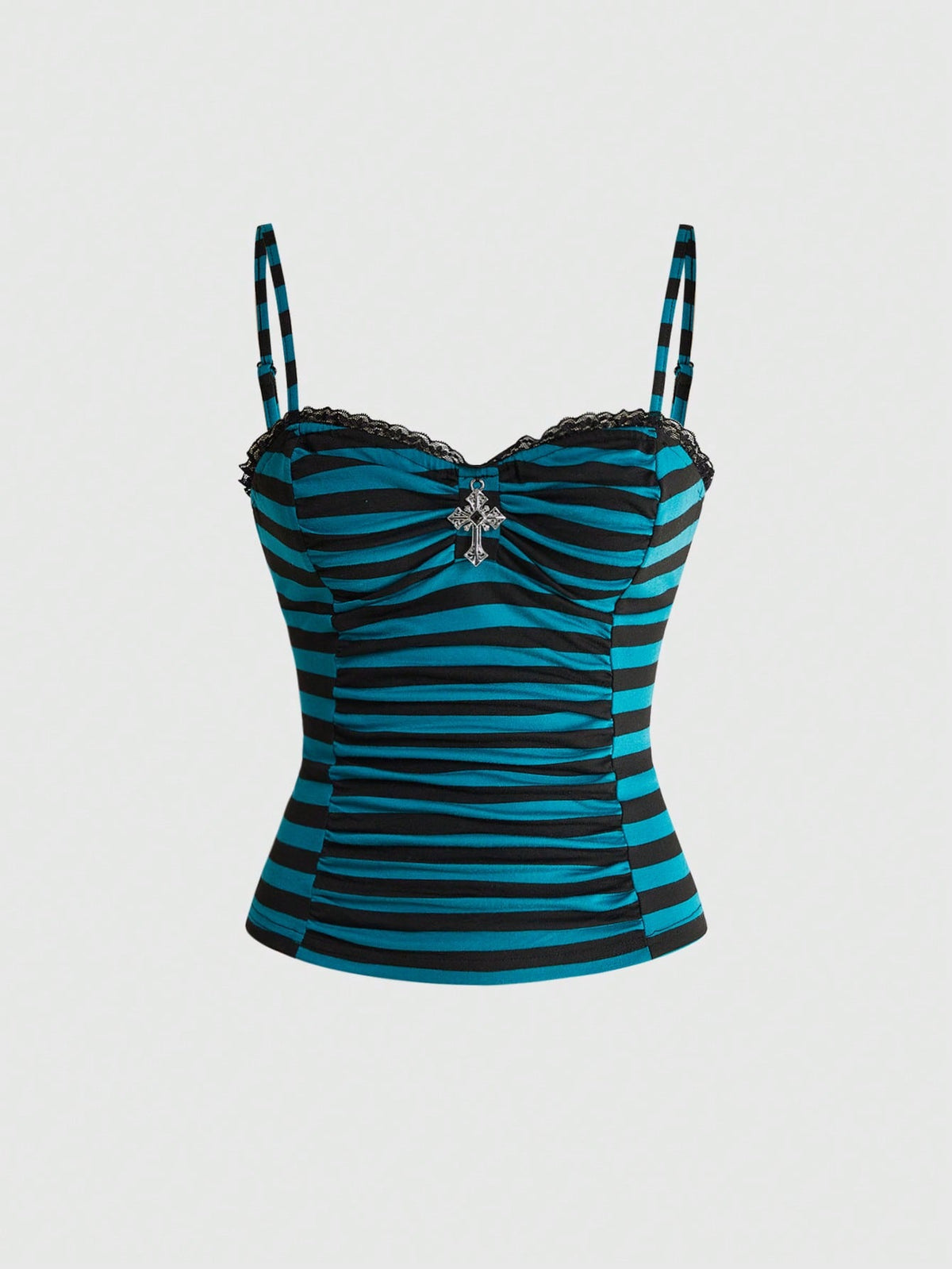 A black gothic slim-fit tank top featuring contrast lace patchwork detailing, ruched frill trim, and thin spaghetti straps made from soft knitted stretch fabric.