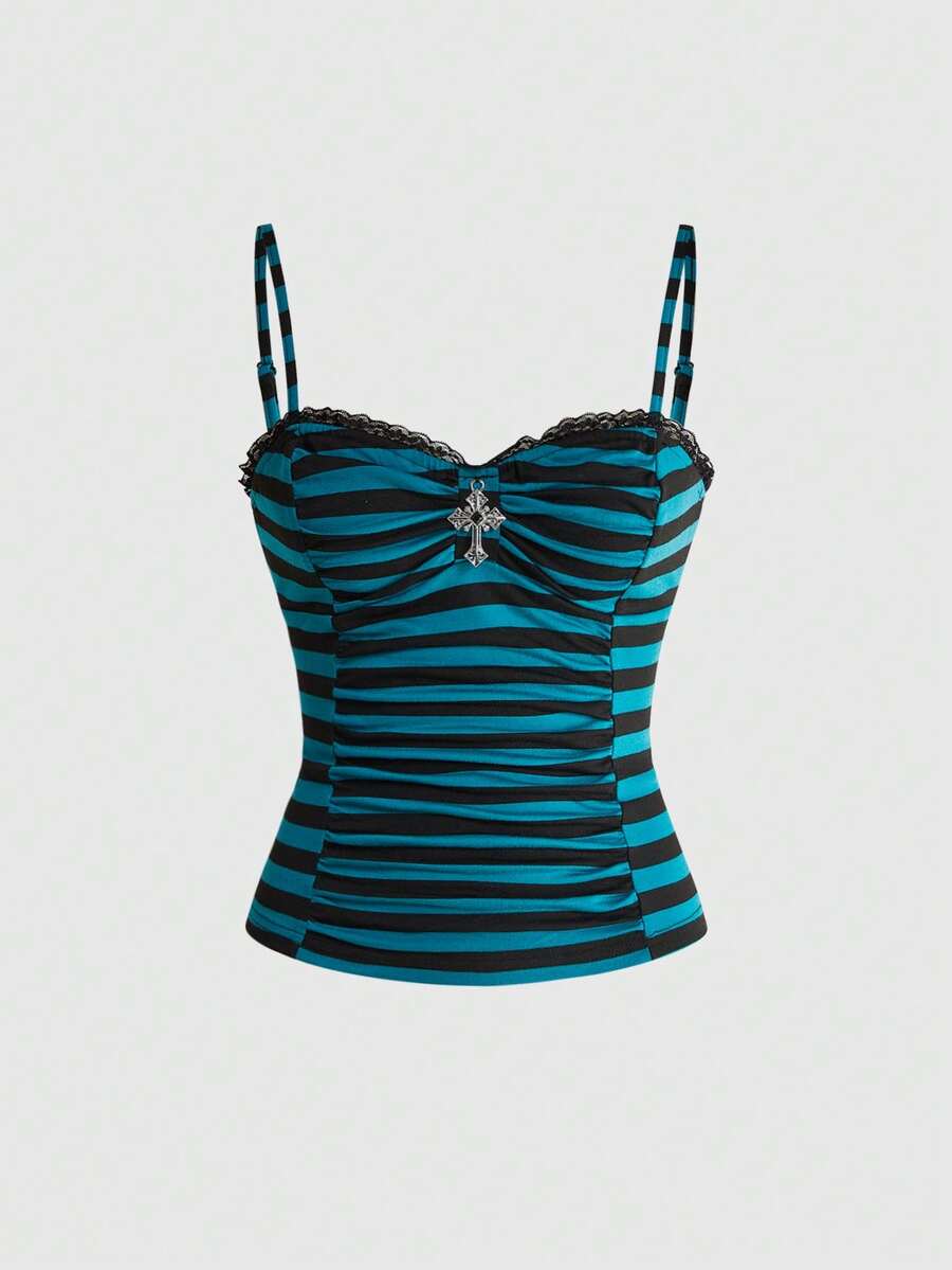 A black gothic slim-fit tank top featuring contrast lace patchwork detailing, ruched frill trim, and thin spaghetti straps made from soft knitted stretch fabric.