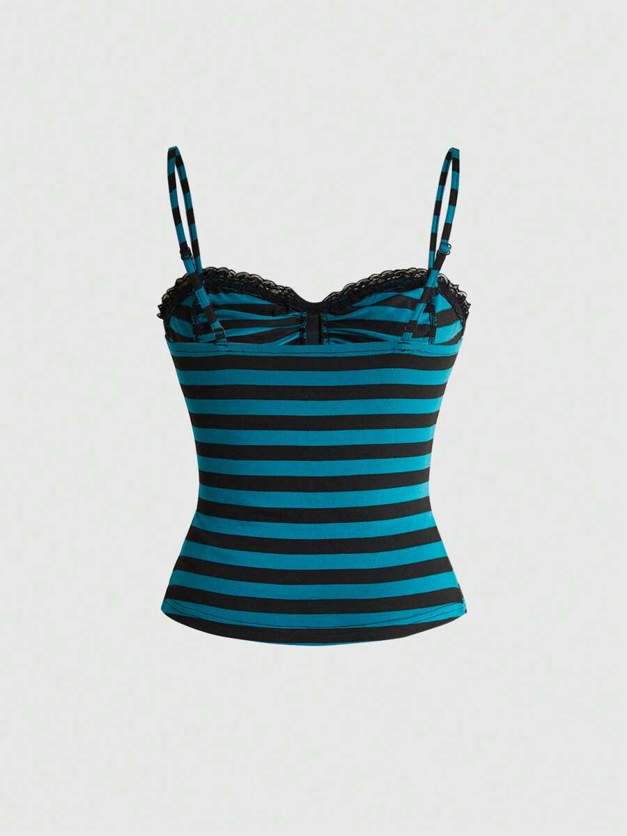 A black gothic slim-fit tank top featuring contrast lace patchwork detailing, ruched frill trim, and thin spaghetti straps made from soft knitted stretch fabric.