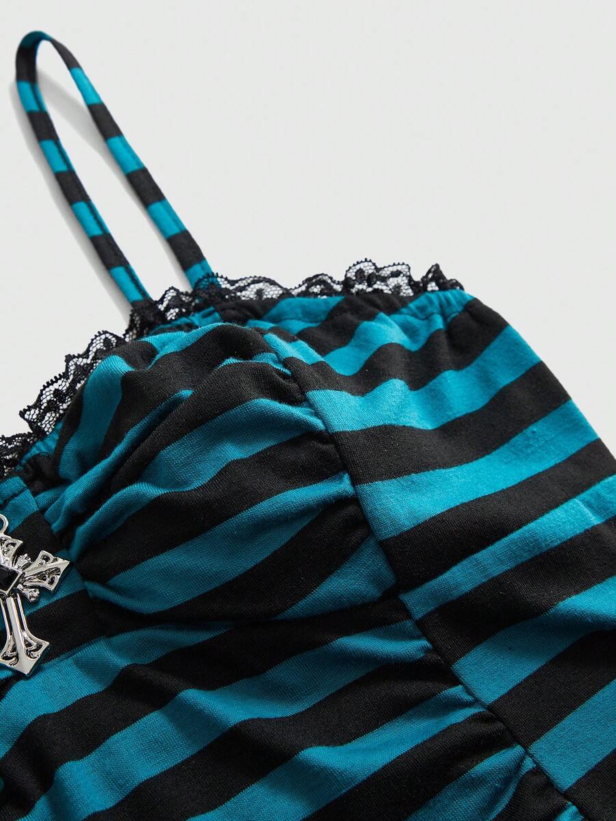 A black gothic slim-fit tank top featuring contrast lace patchwork detailing, ruched frill trim, and thin spaghetti straps made from soft knitted stretch fabric.