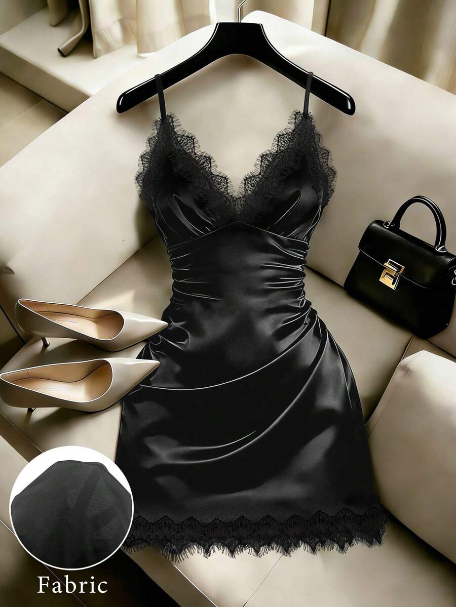 Women's solid color spaghetti strap bodycon mini dress with ruched details and backless slim fit design.