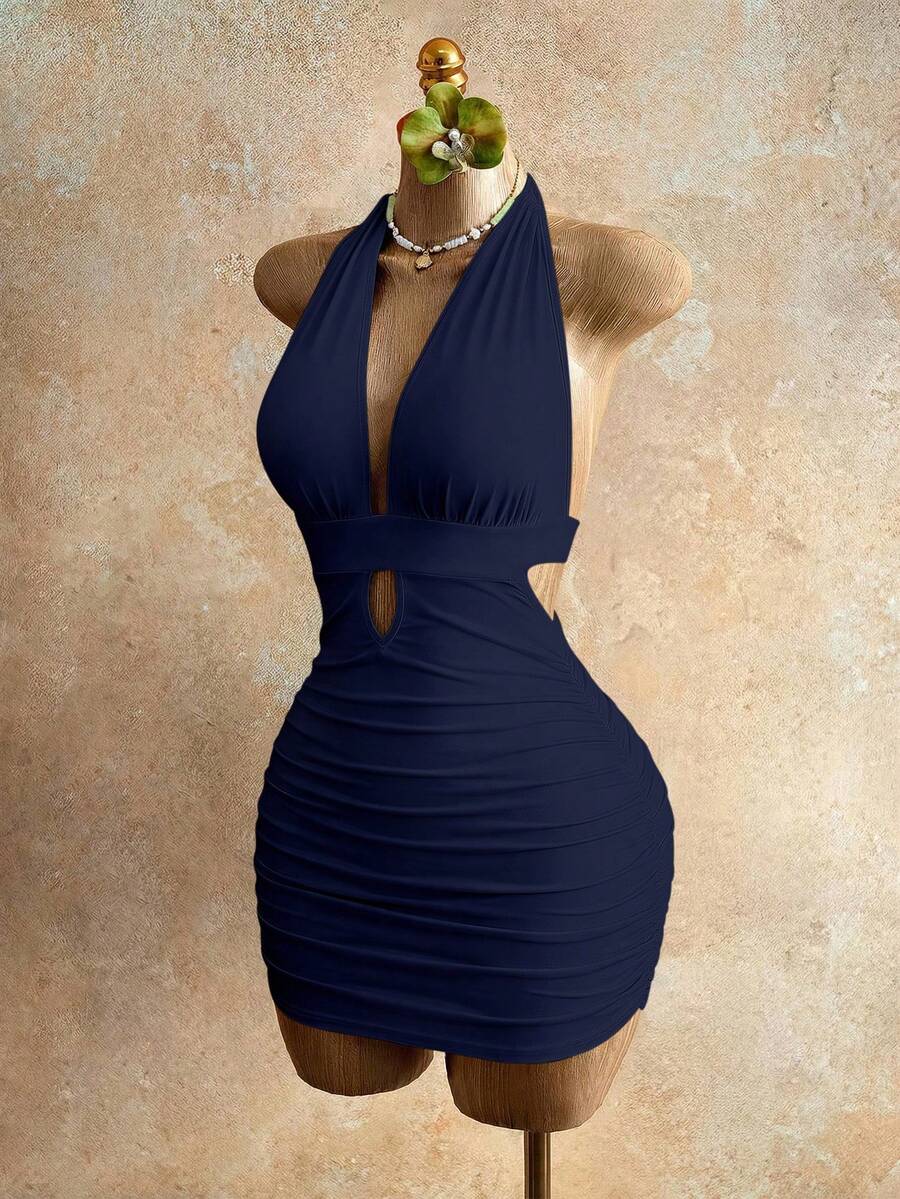 Sleeveless women's halter backless bodycon mini dress featuring lace-up knot back details and a high-waist pencil hem.