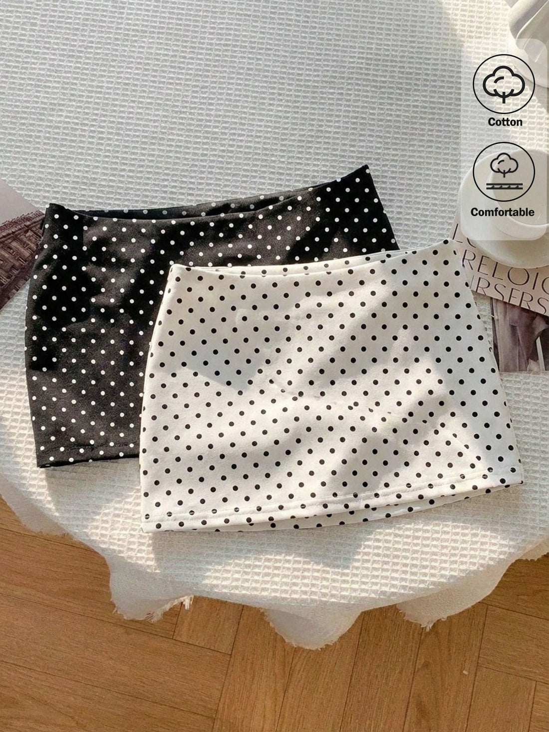 Multicolor polka dot mini skirt 2-piece set for women featuring a bodycon fit, knitted cotton blend stretch fabric, mid waist, and zipper detail.