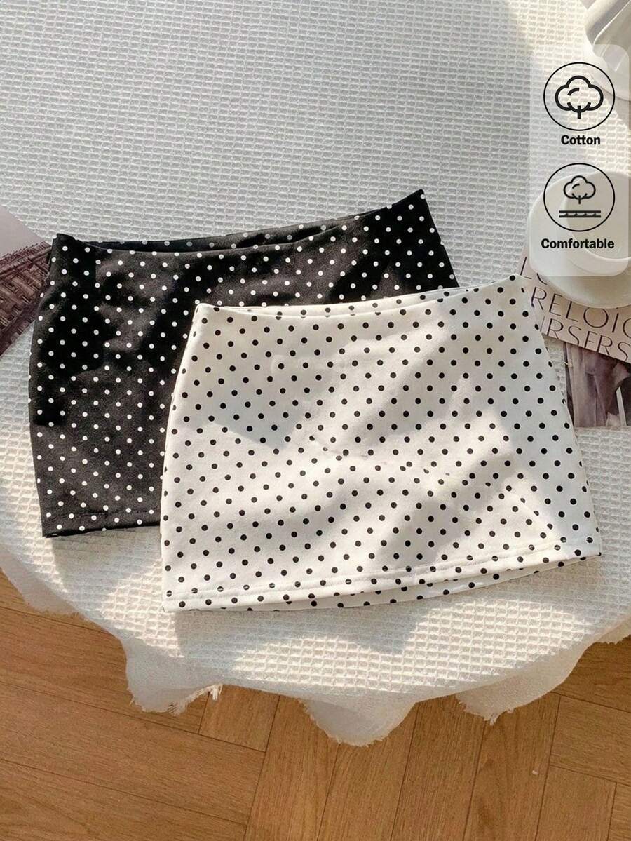 Multicolor polka dot mini skirt 2-piece set for women featuring a bodycon fit, knitted cotton blend stretch fabric, mid waist, and zipper detail.
