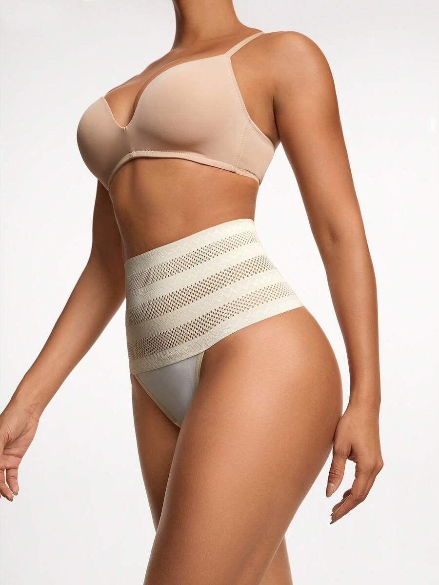 Women's apricot super high waist body shaping briefs featuring ultra light waist support and geometric pattern.