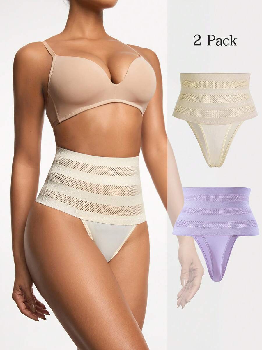 Women's apricot super high waist body shaping briefs featuring ultra light waist support and geometric pattern.