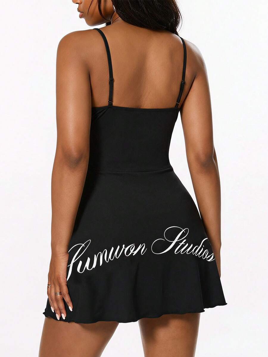 Women's black backless cami mini dress featuring spaghetti straps, lettuce trim, and a flared hem in high stretch knitted fabric.