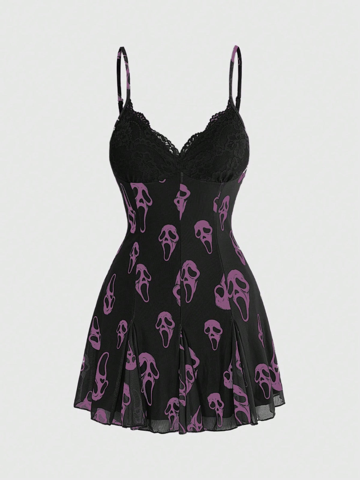 Women's black and white gothic cami mini dress featuring contrast lace trim, pleated details, high waist, and flared hem on high-stretch fabric.