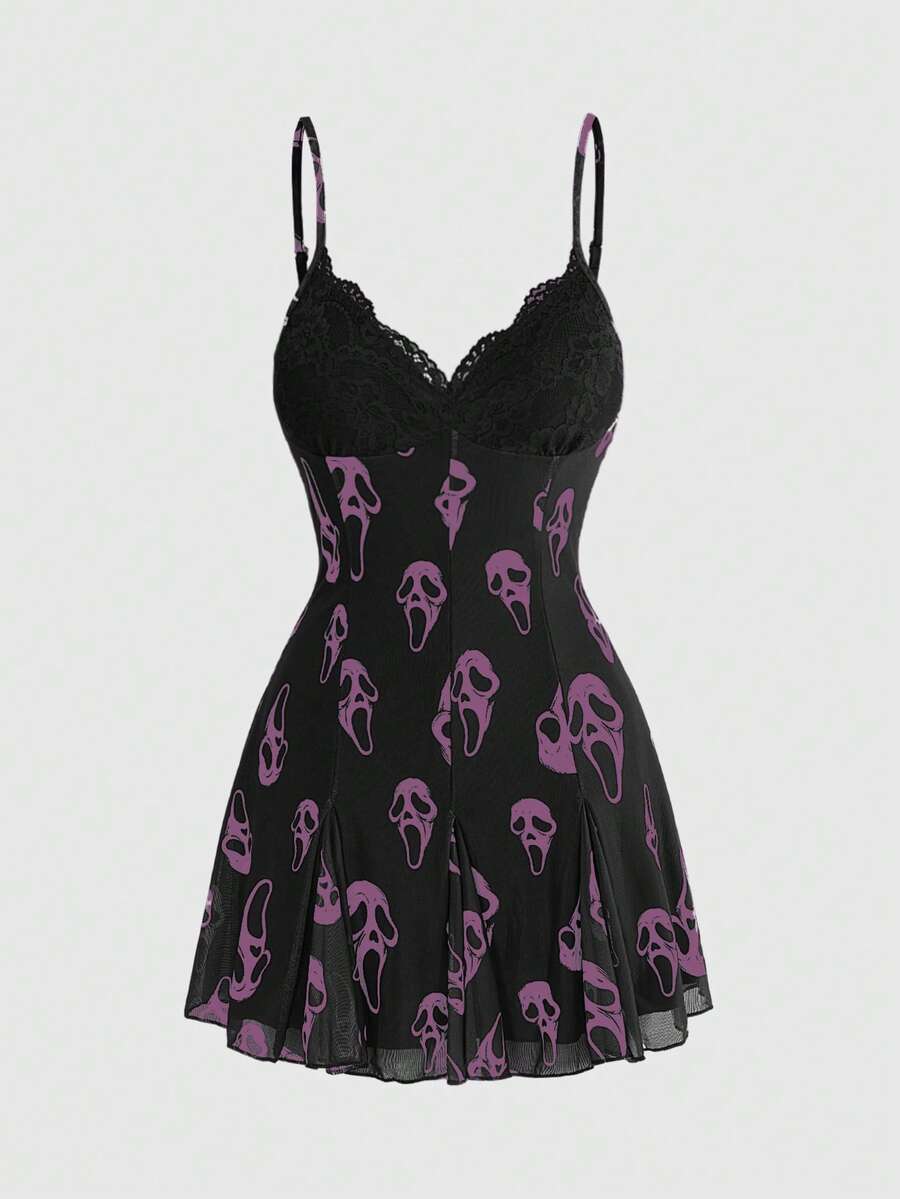 Women's black and white gothic cami mini dress featuring contrast lace trim, pleated details, high waist, and flared hem on high-stretch fabric.