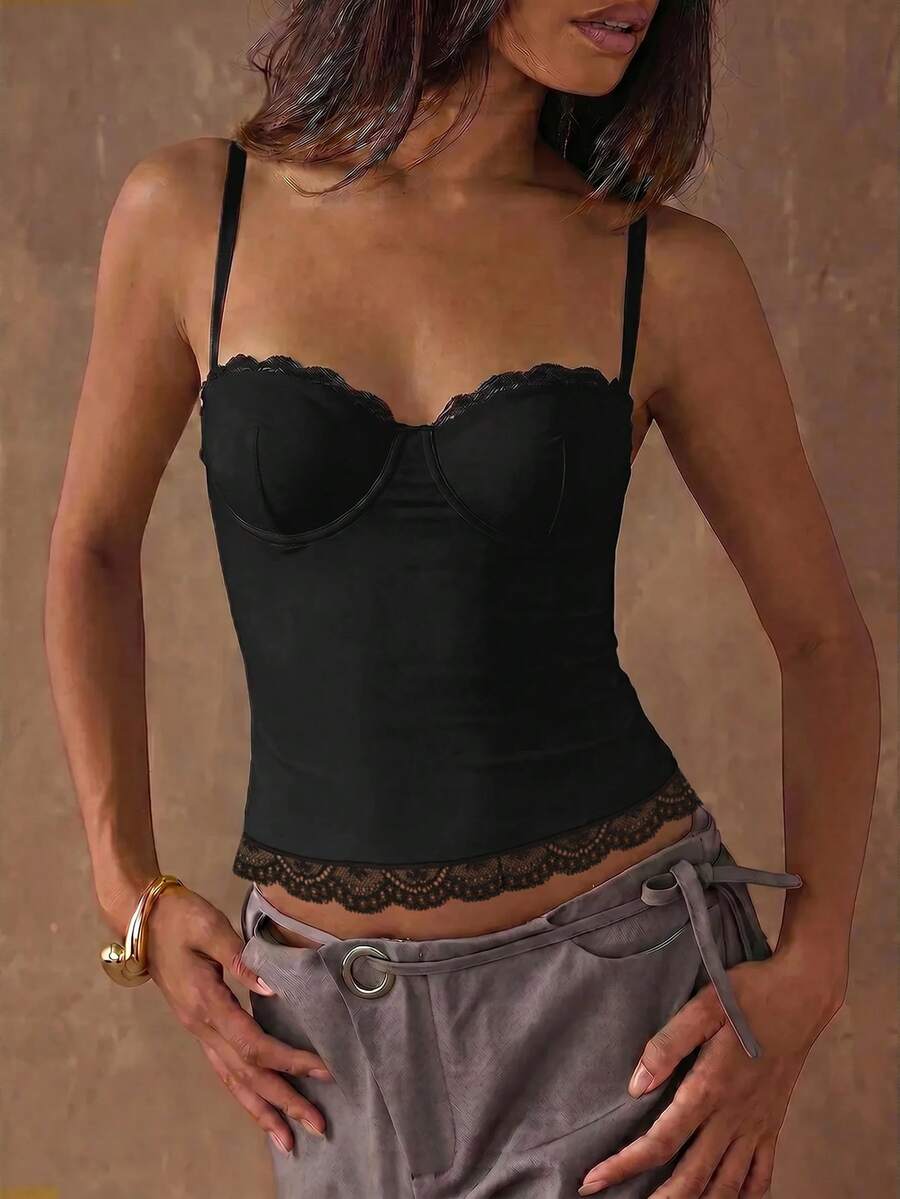 Women's black contrast lace camisole with spaghetti straps, cup detail, semi-sheer finish, and slim fit for going out or date night.
