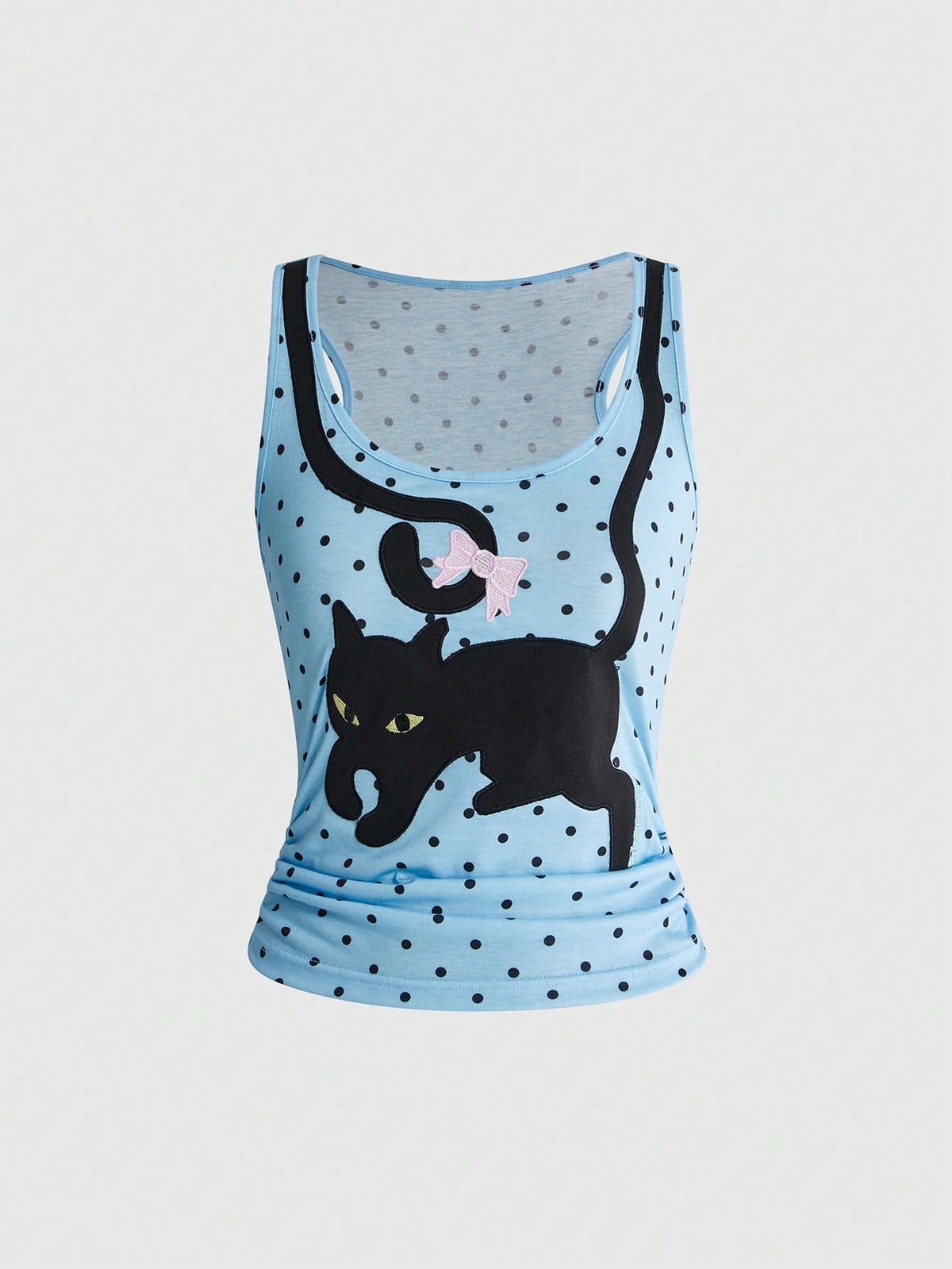 White slim fit square neck polka dot camisole top featuring cat and butterfly graphic print with studded arm sleeves.