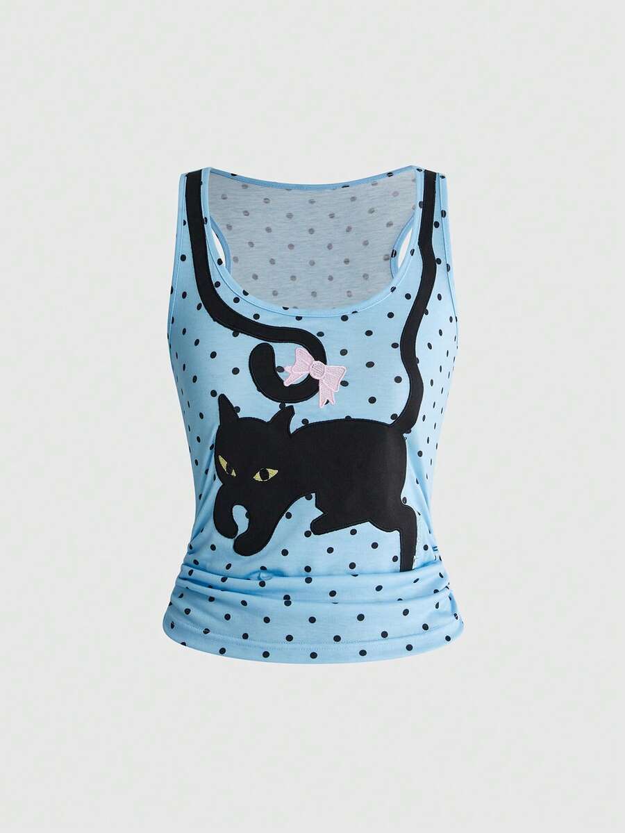 White slim fit square neck polka dot camisole top featuring cat and butterfly graphic print with studded arm sleeves.