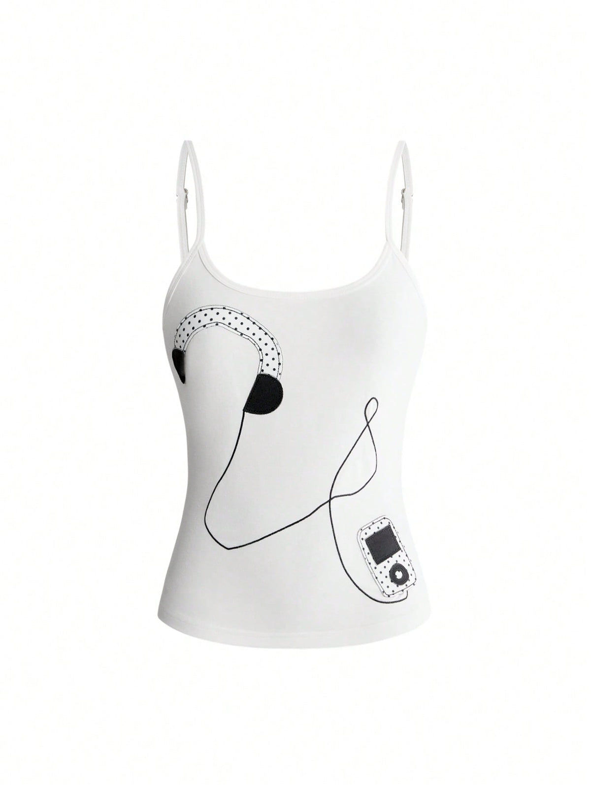 Women's white graphic tank top featuring a cartoon 3D applique patch with a slim fit sleeveless cut.