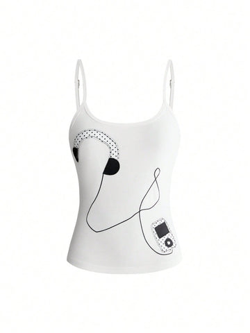 Women's white graphic tank top featuring a cartoon 3D applique patch with a slim fit sleeveless cut.