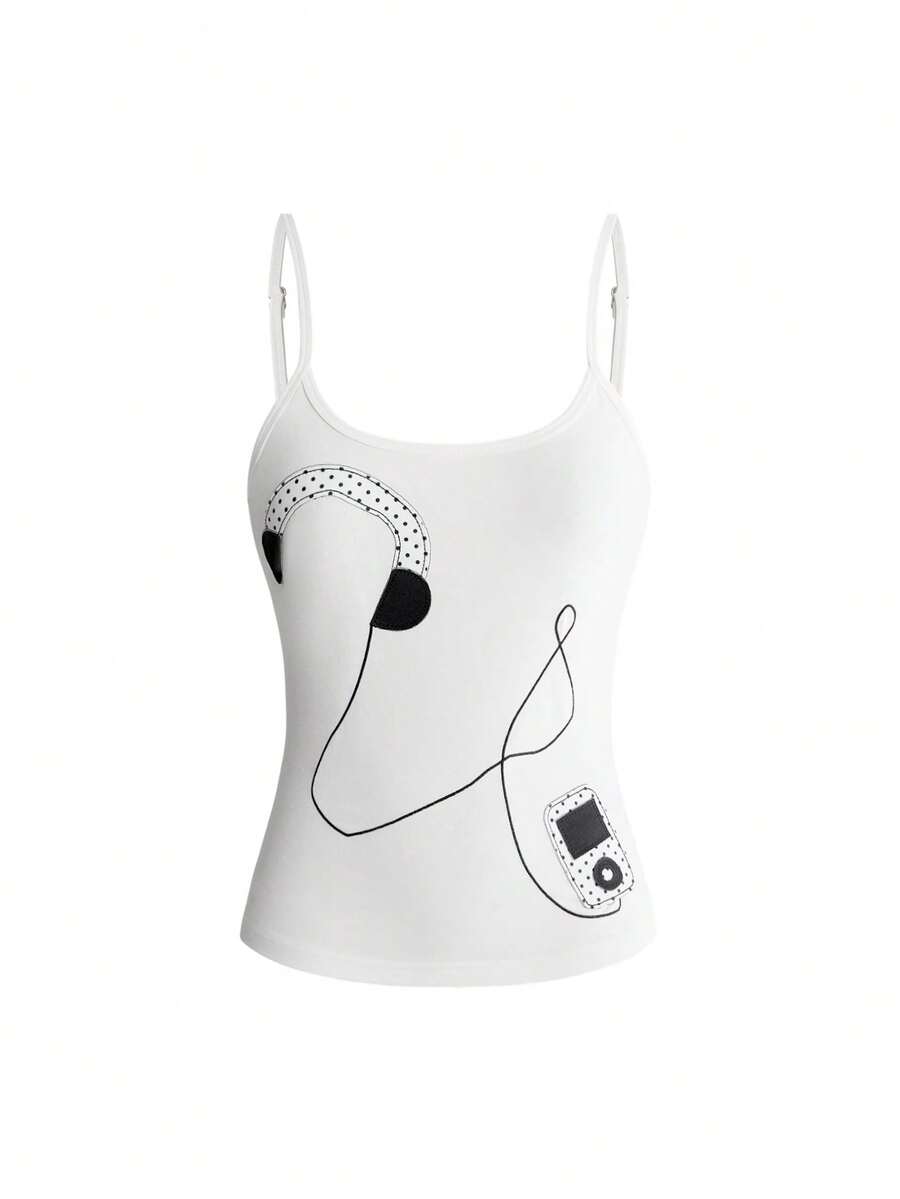 Women's white graphic tank top featuring a cartoon 3D applique patch with a slim fit sleeveless cut.