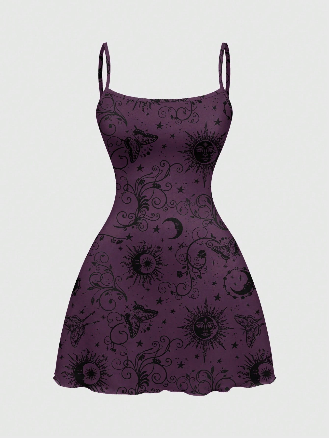 Beige graphic cami mini dress for women featuring a backless slim fit design, high waist flared hem, lettuce trim, spaghetti straps, and arm sleeves.