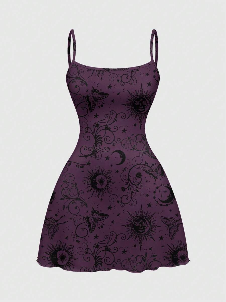 Beige graphic cami mini dress for women featuring a backless slim fit design, high waist flared hem, lettuce trim, spaghetti straps, and arm sleeves.