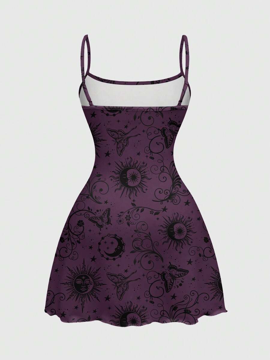 Beige graphic cami mini dress for women featuring a backless slim fit design, high waist flared hem, lettuce trim, spaghetti straps, and arm sleeves.