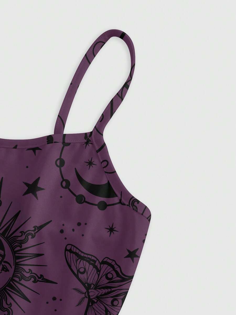 Beige graphic cami mini dress for women featuring a backless slim fit design, high waist flared hem, lettuce trim, spaghetti straps, and arm sleeves.