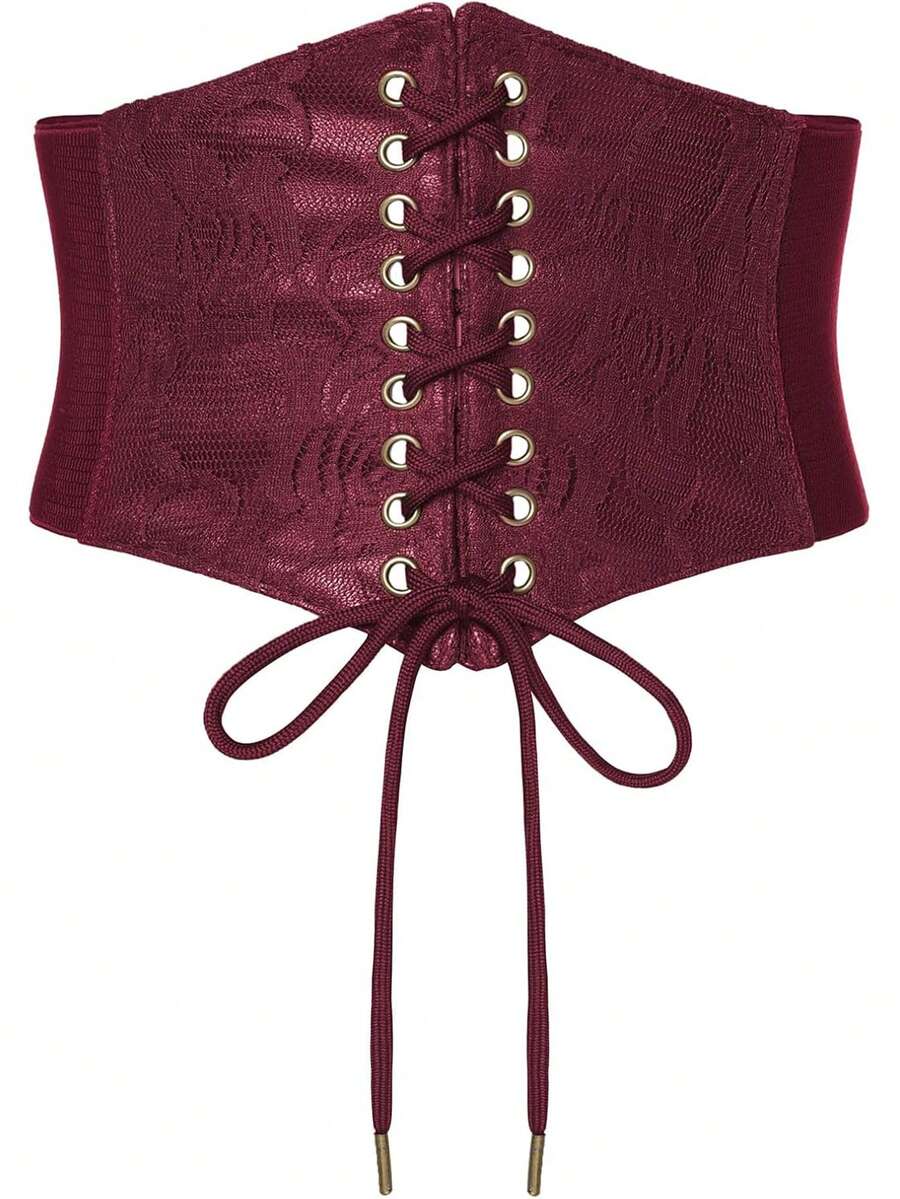 Black lace-up waist cincher with grommet eyelets, baroque pattern, medium stretch, and wide belt design for women.