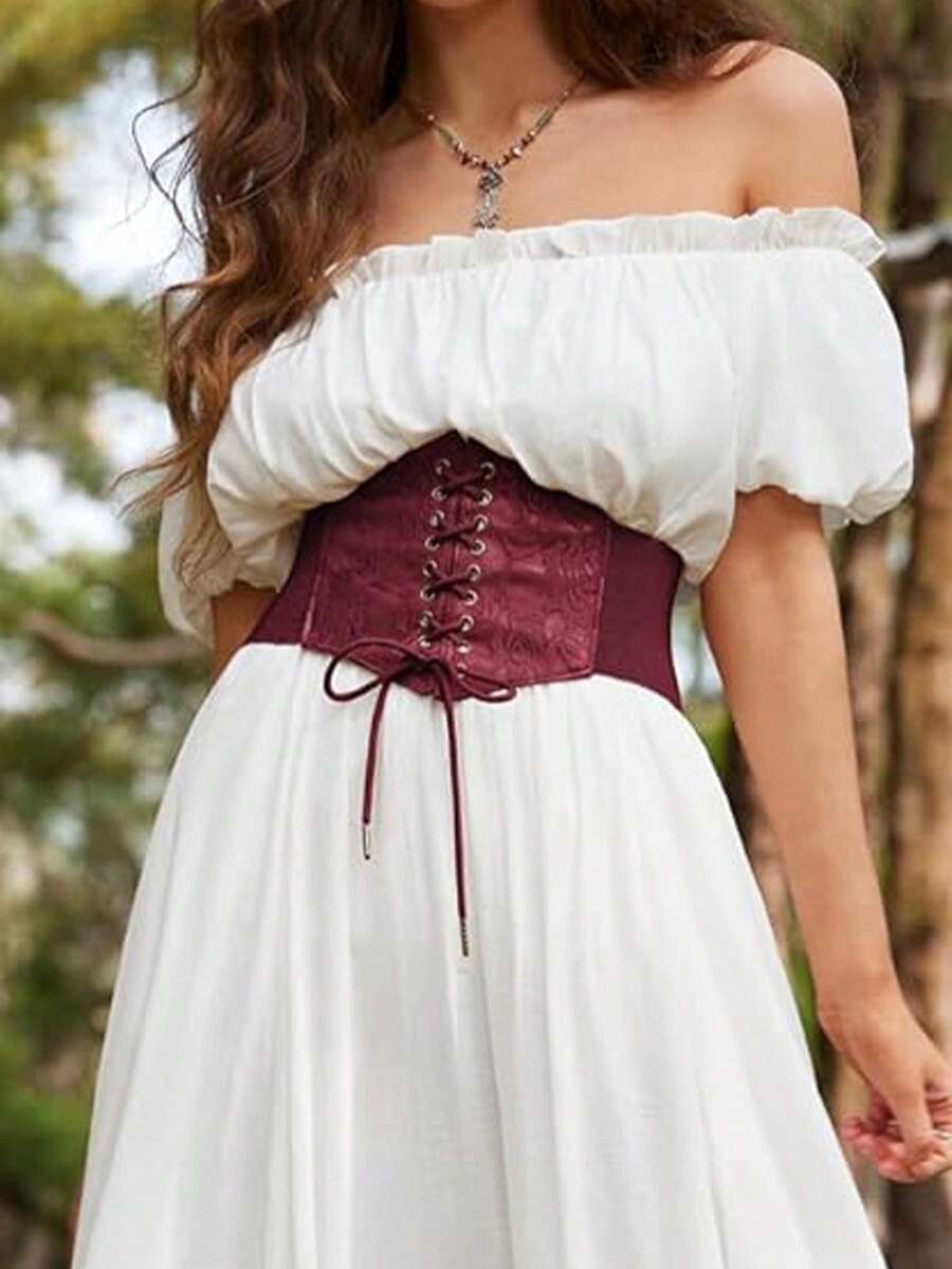Black lace-up waist cincher with grommet eyelets, baroque pattern, medium stretch, and wide belt design for women.