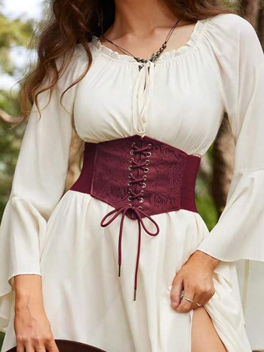 Black lace-up waist cincher with grommet eyelets, baroque pattern, medium stretch, and wide belt design for women.