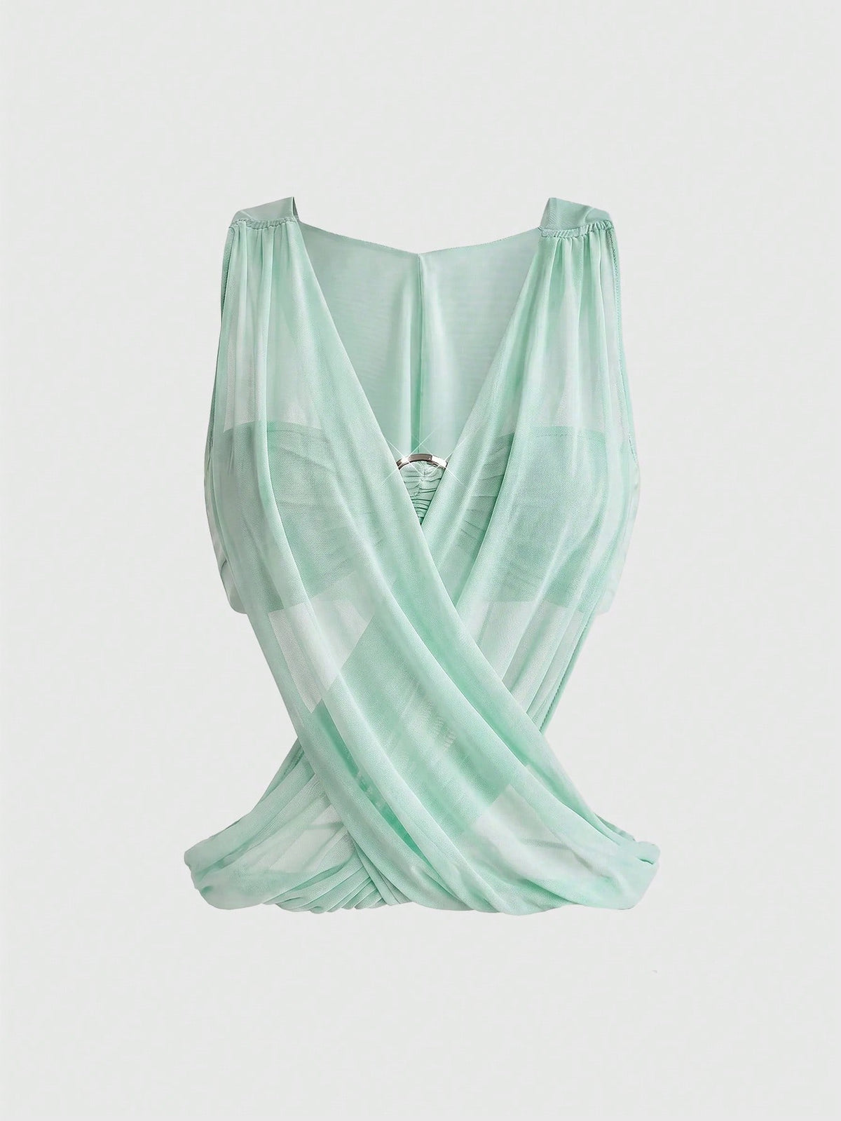 Women's black sheer hooded two-piece top set featuring a striped asymmetrical wrap design and sleeveless inner top.