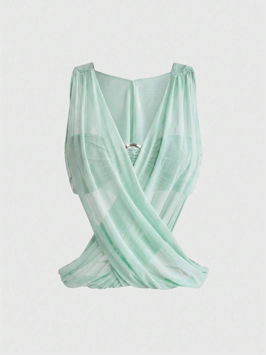 Women's black sheer hooded two-piece top set featuring a striped asymmetrical wrap design and sleeveless inner top.