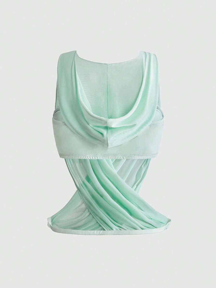 Women's black sheer hooded two-piece top set featuring a striped asymmetrical wrap design and sleeveless inner top.