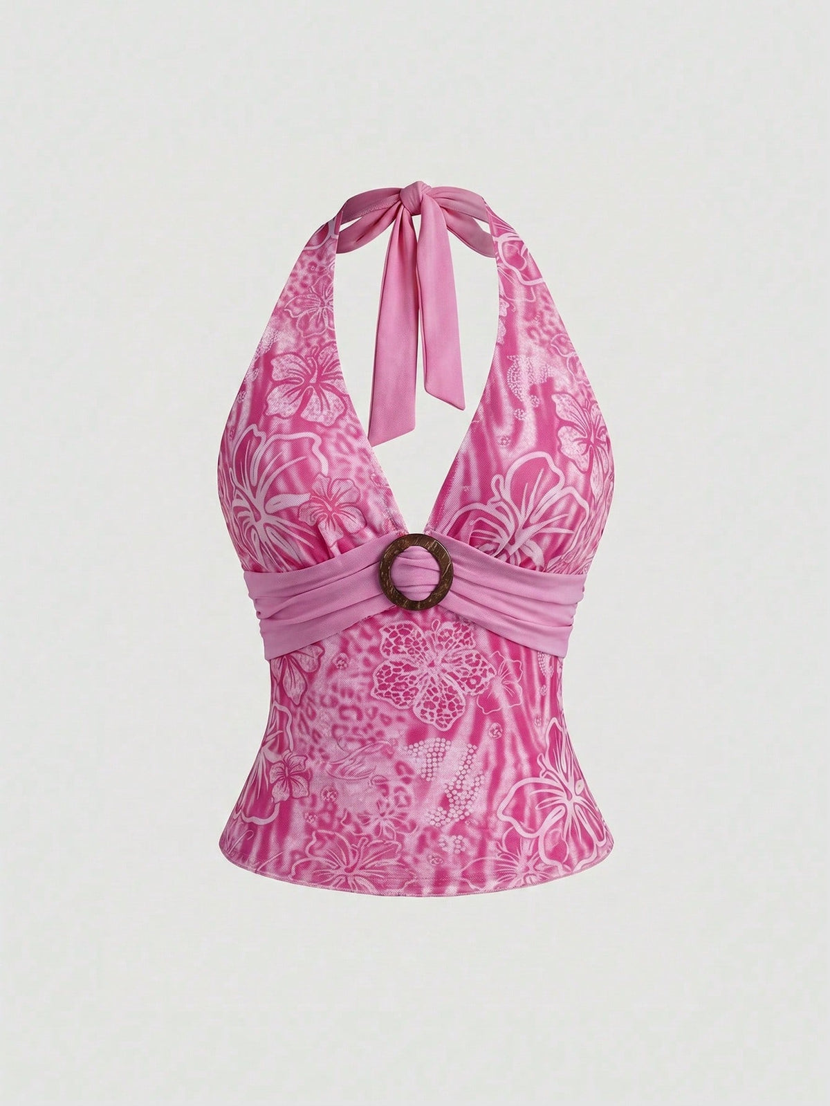 Women's pink tropical hibiscus print halter top featuring contrast lace trim and a slim fit silhouette.