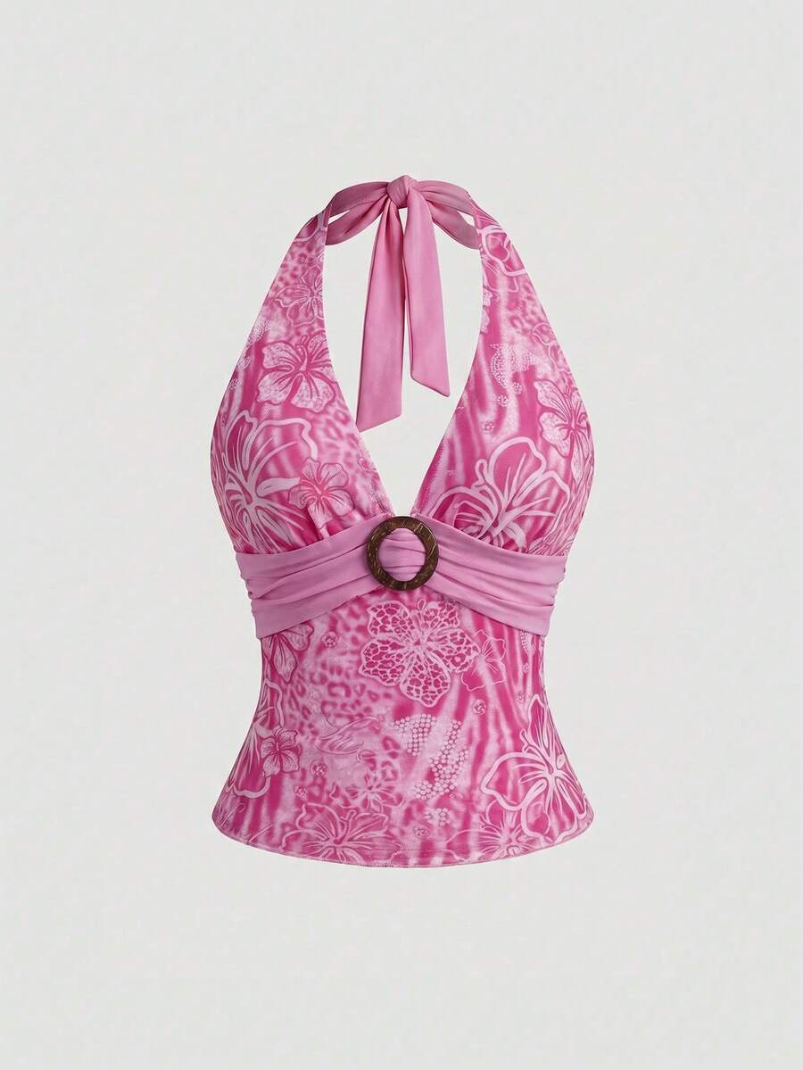 Women's pink tropical hibiscus print halter top featuring contrast lace trim and a slim fit silhouette.