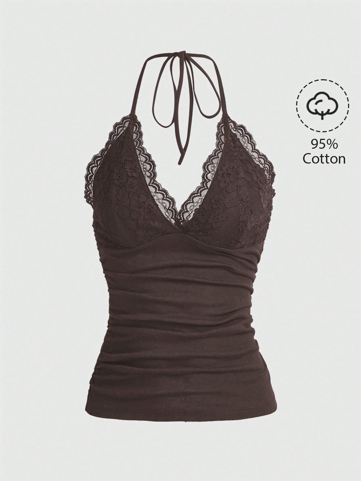 A women's black backless halter top featuring contrast lace trim, ruched front detail, and slim fit soft knitted fabric.