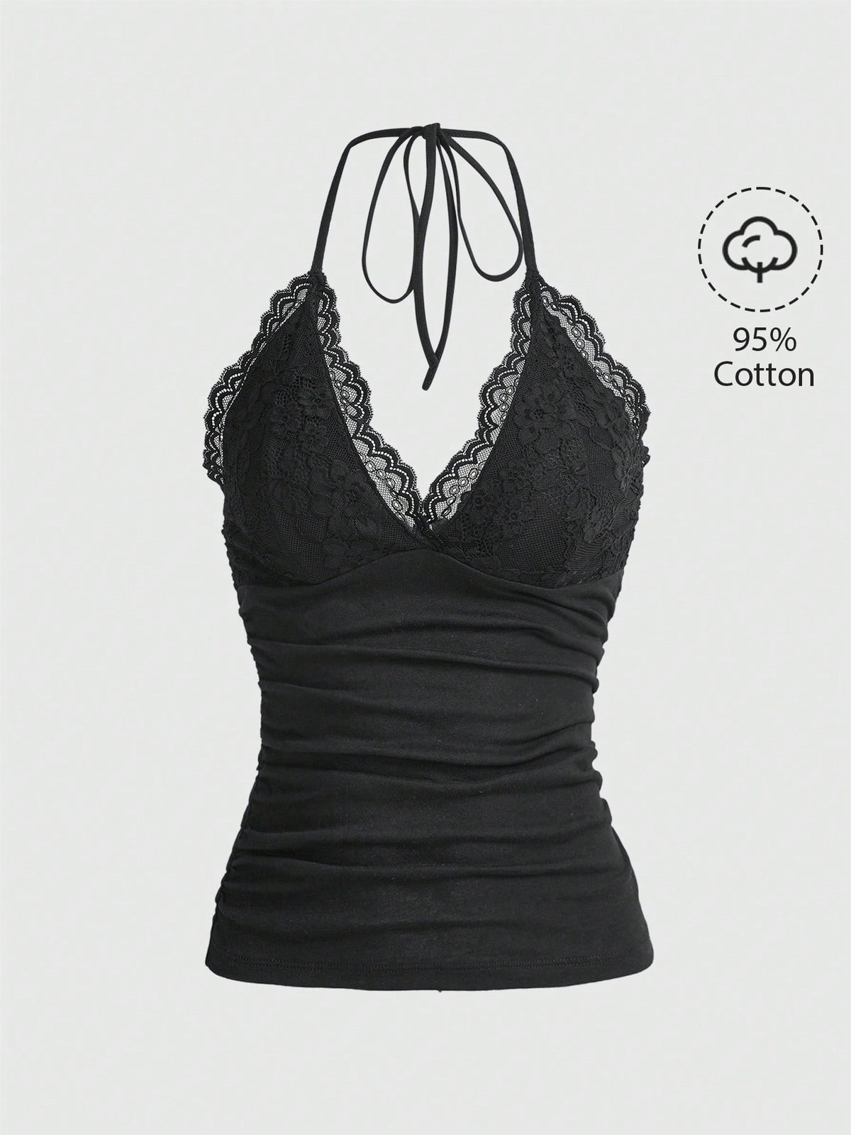 A women's black backless halter top featuring contrast lace trim, ruched front detail, and slim fit soft knitted fabric.