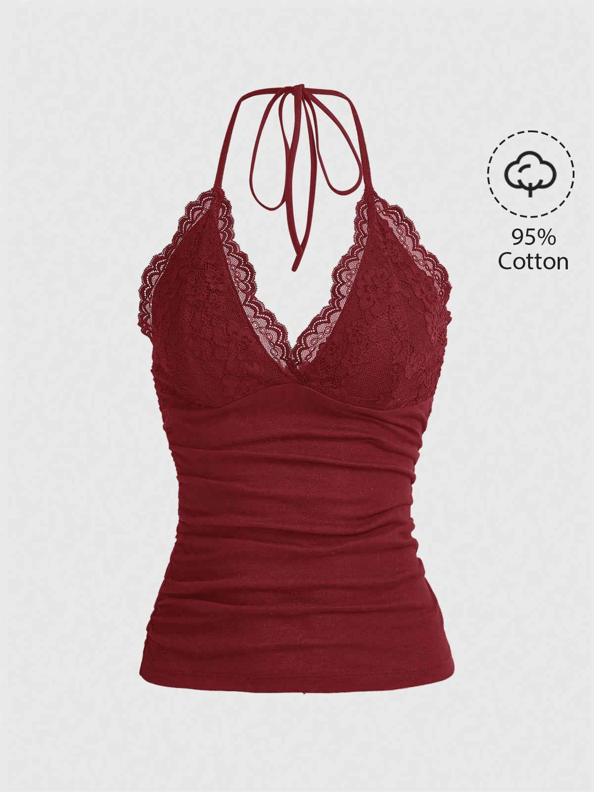 A women's black backless halter top featuring contrast lace trim, ruched front detail, and slim fit soft knitted fabric.