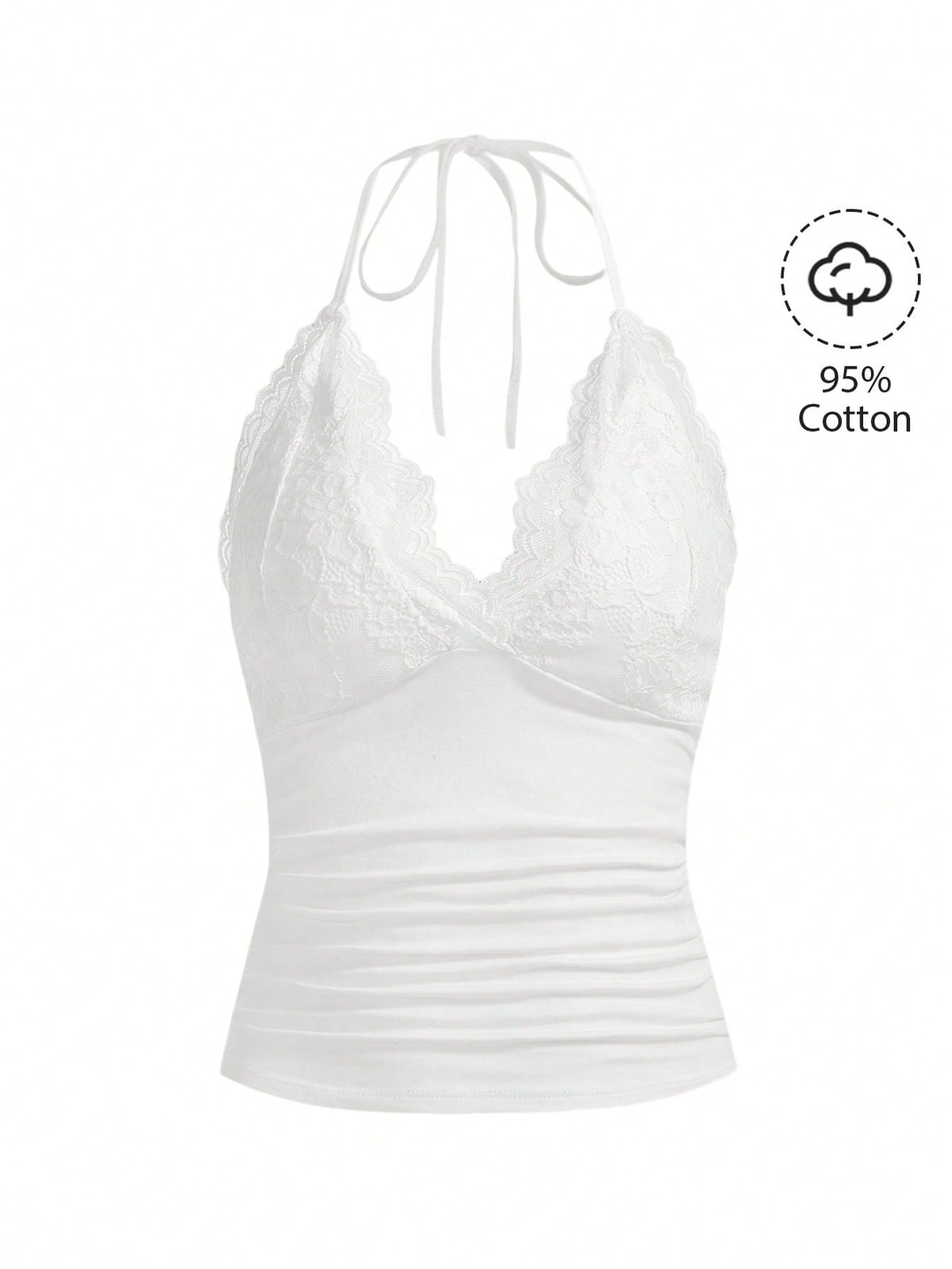 A women's black backless halter top featuring contrast lace trim, ruched front detail, and slim fit soft knitted fabric.
