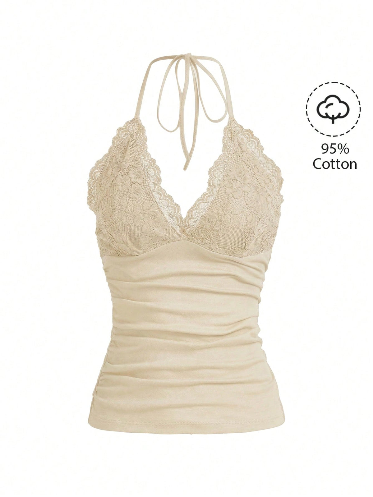 A women's black backless halter top featuring contrast lace trim, ruched front detail, and slim fit soft knitted fabric.