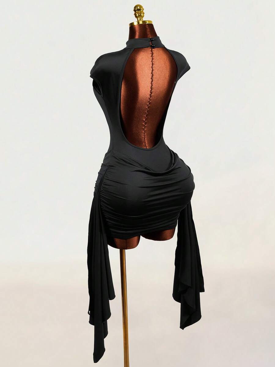 Black sleeveless Y2K bodycon mini dress featuring a backless design, ruched asymmetrical details, stand collar, and slim fit knitted fabric.