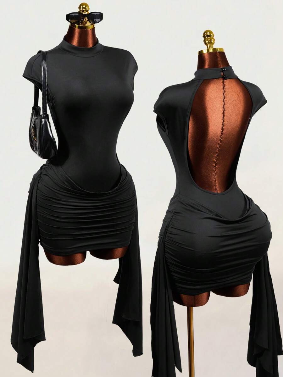 Black sleeveless Y2K bodycon mini dress featuring a backless design, ruched asymmetrical details, stand collar, and slim fit knitted fabric.