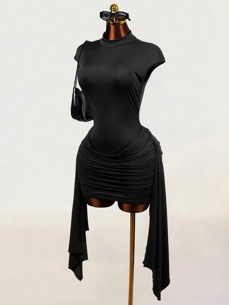Black sleeveless Y2K bodycon mini dress featuring a backless design, ruched asymmetrical details, stand collar, and slim fit knitted fabric.
