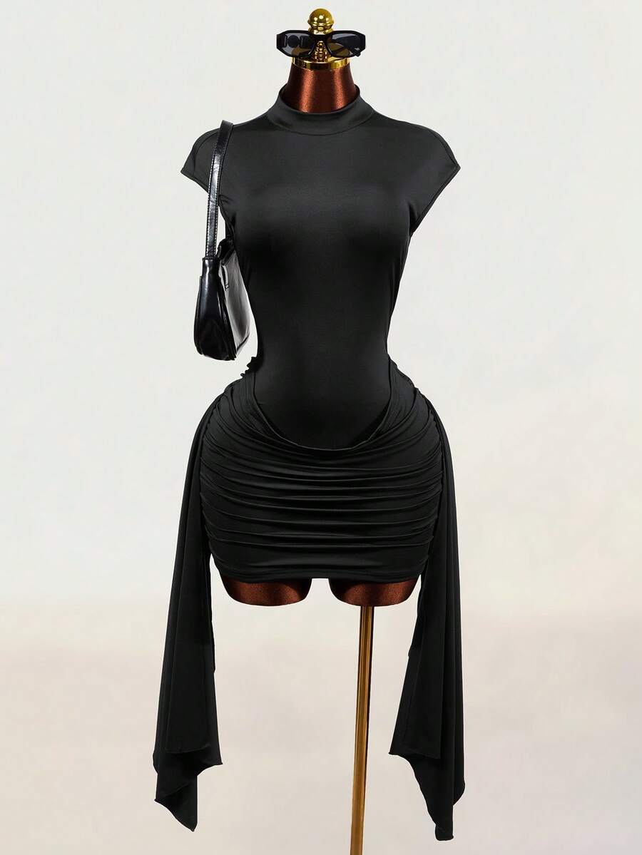 Black sleeveless Y2K bodycon mini dress featuring a backless design, ruched asymmetrical details, stand collar, and slim fit knitted fabric.