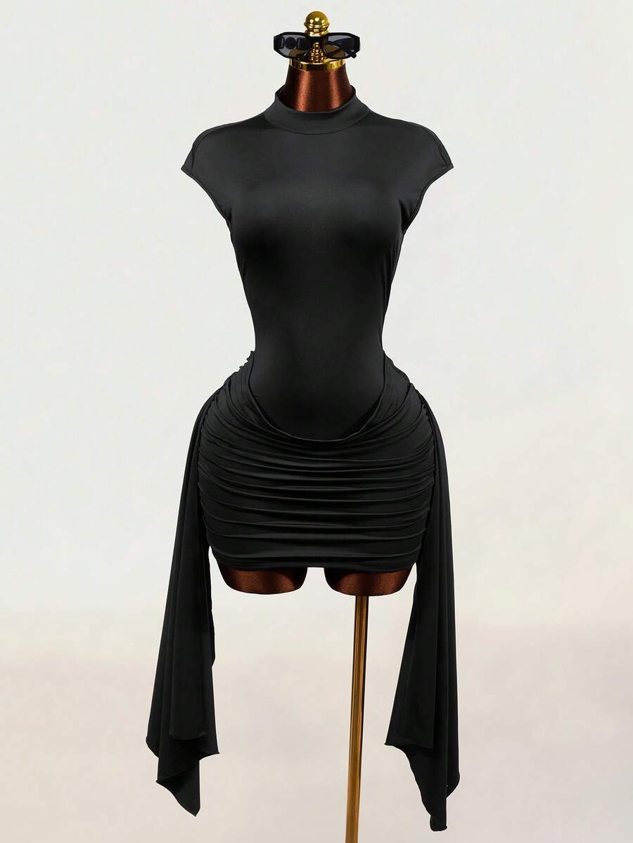 Black sleeveless Y2K bodycon mini dress featuring a backless design, ruched asymmetrical details, stand collar, and slim fit knitted fabric.