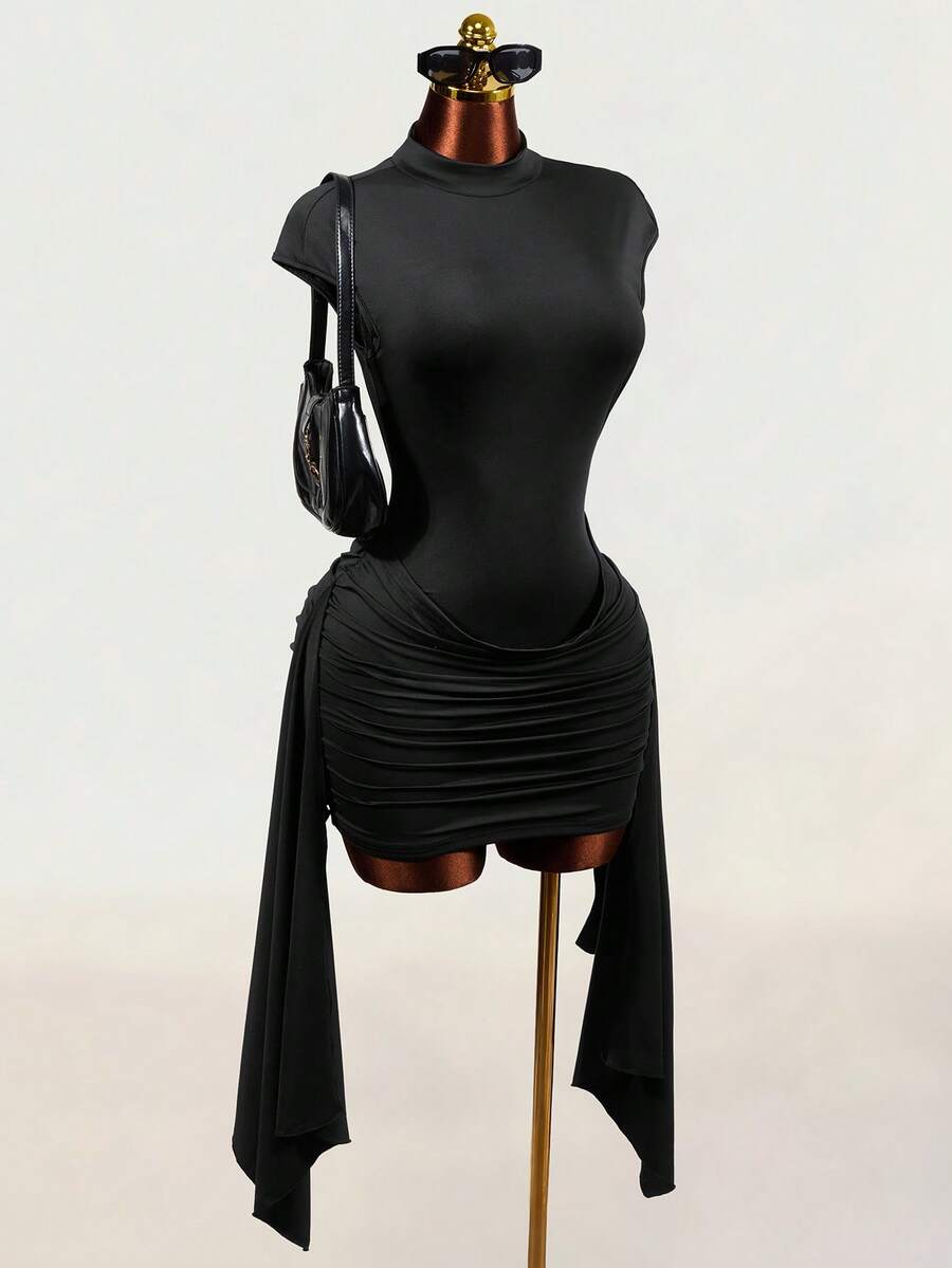 Black sleeveless Y2K bodycon mini dress featuring a backless design, ruched asymmetrical details, stand collar, and slim fit knitted fabric.