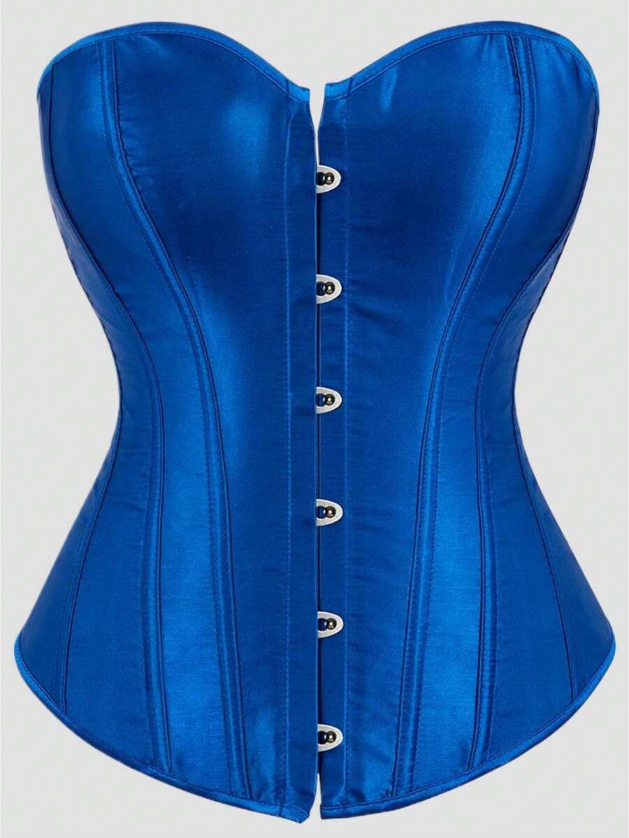 Blue satin bustier corset with front closure, back lace-up detail, and boned shaping for a retro-inspired party look.