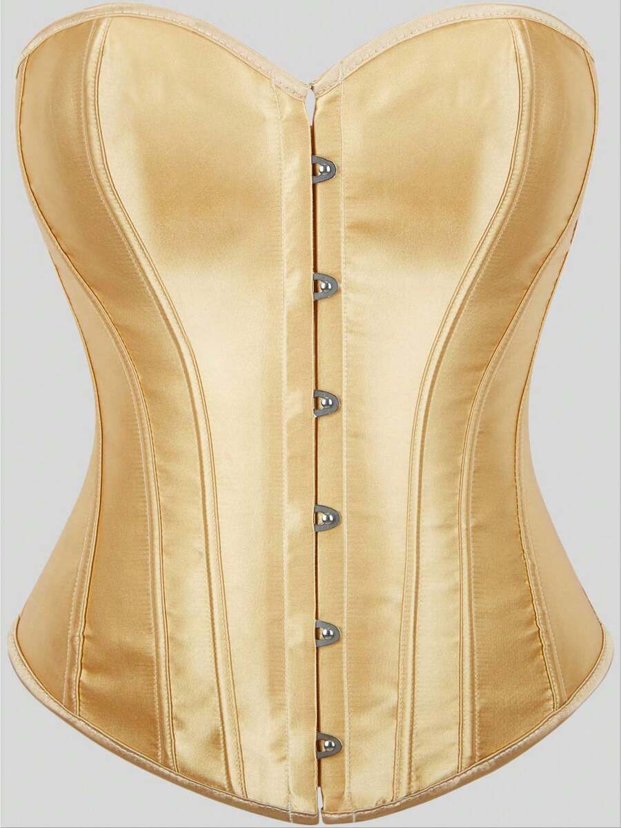 Blue satin bustier corset with front closure, back lace-up detail, and boned shaping for a retro-inspired party look.