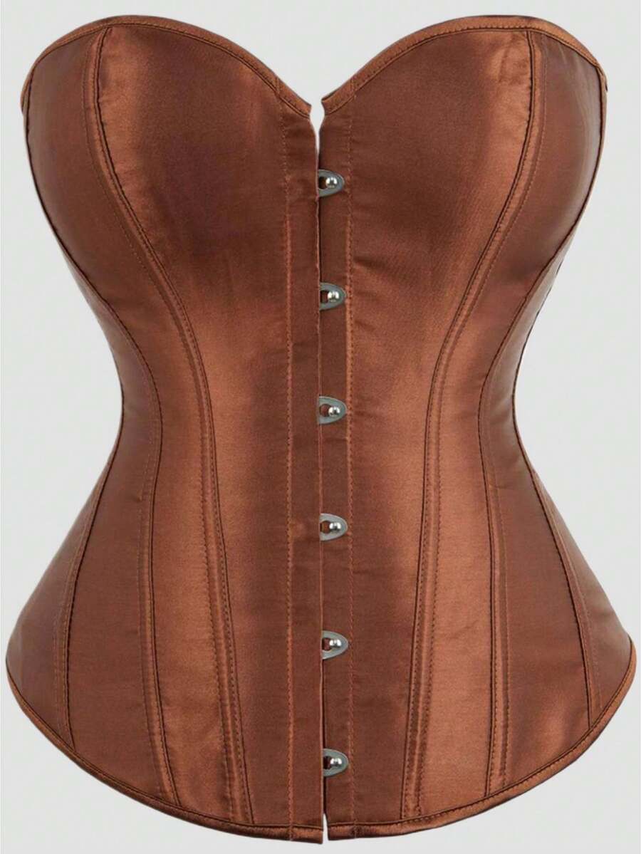 Blue satin bustier corset with front closure, back lace-up detail, and boned shaping for a retro-inspired party look.